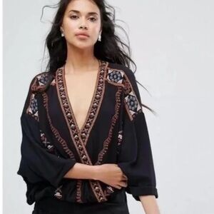Free People Black Embroidered Boho Wrap Blouse Size M